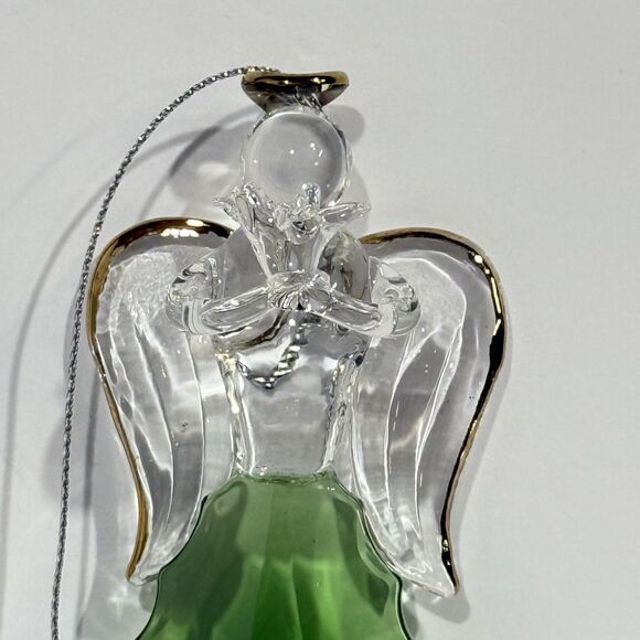 Glass Angel Ornament Green Crystal Gold Trim Praying Figurine Gift Boxed - Picture 9 of 16